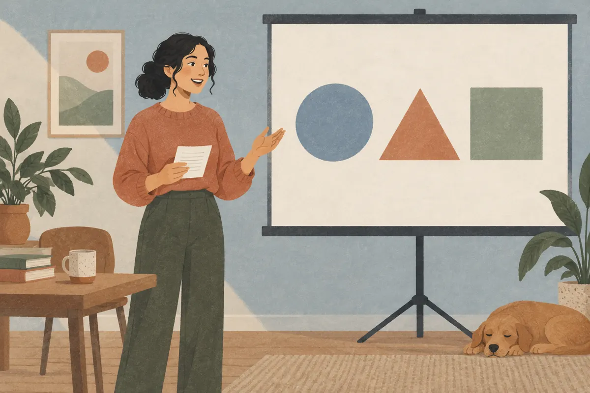 Ilustracja osoby ćwiczącej prezentację z krótkimi notatkami obok ekranu.