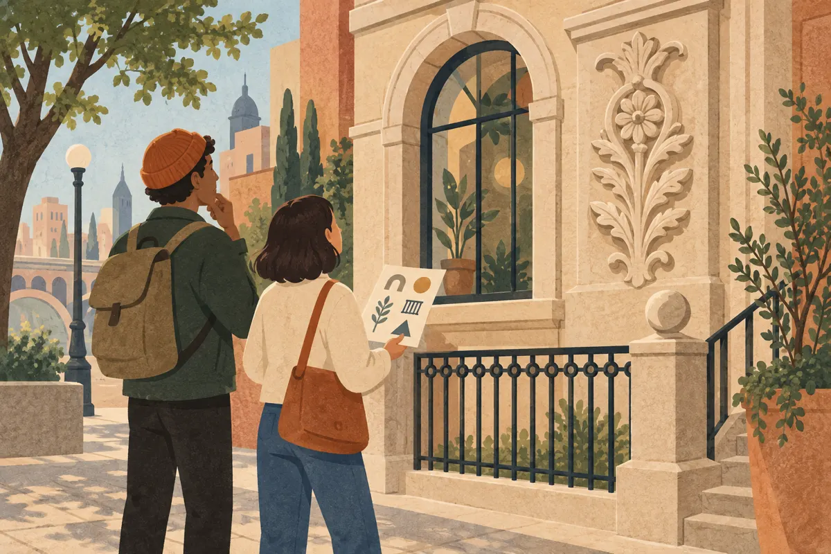 Ilustracja spacerowiczów szukających detali na fasadach budynków.